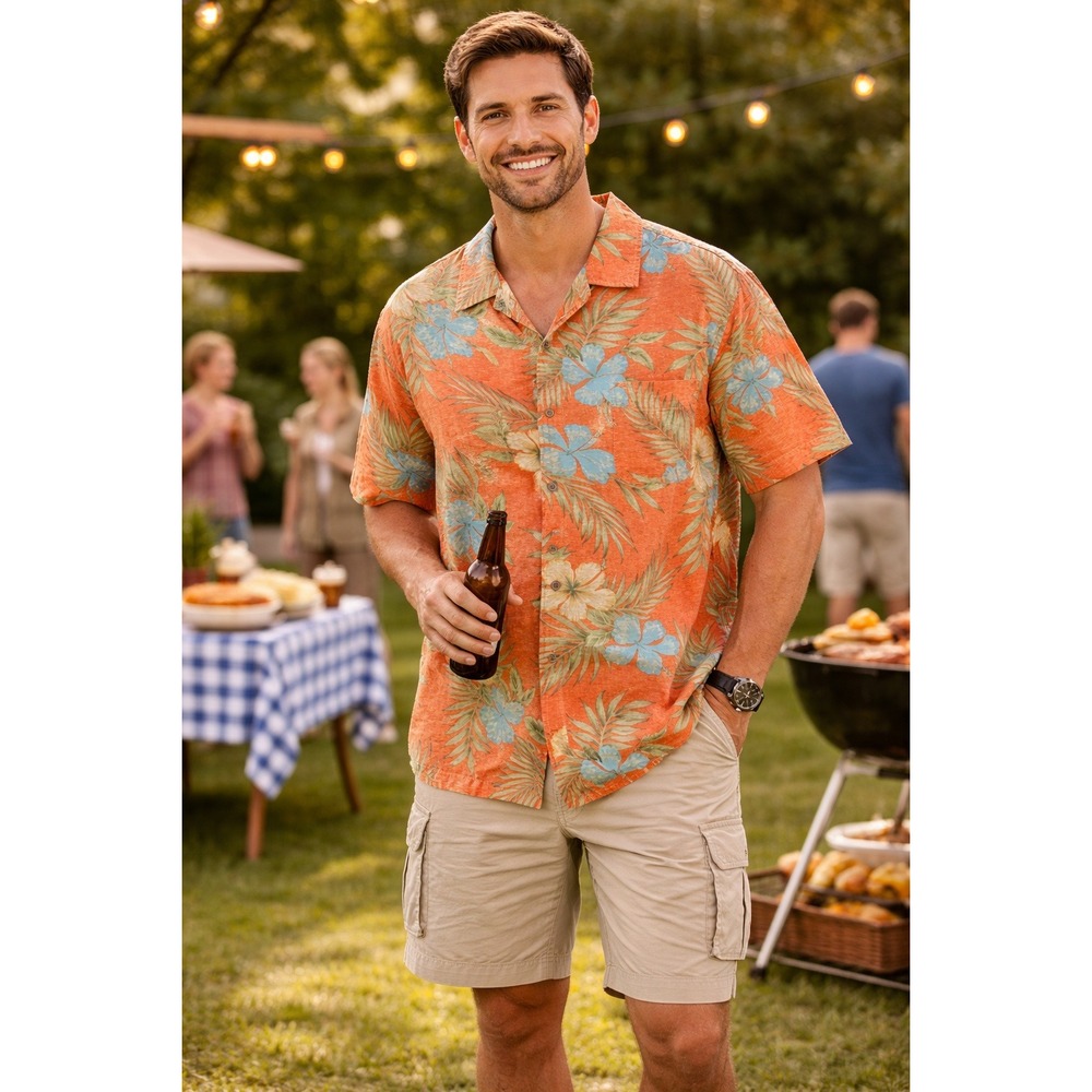 Tropical Floral Hawaiian Summer‎ Trader Bay Men's Washable Silk Orange 2XL Shirt